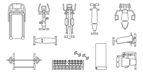 Gym equipment top view icons, fitness machine floor plan symbols for interior design, 12 workout station vector elements for architectural layout © Ali