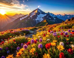 Fototapeta premium Vibrant alpine meadow bursts with color under a golden sunrise.