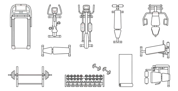 Gym equipment top view icons, fitness machine floor plan symbols for interior design, 12 workout station vector elements for architectural layout