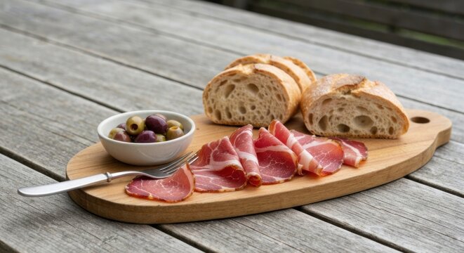 Gourmet spread on wooden board, including bread, meat slices, and olives