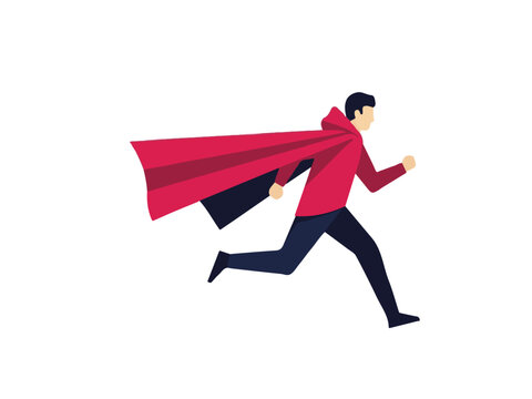 Flat vector illustration of a superhero man running fast with a red cape isolated on white background