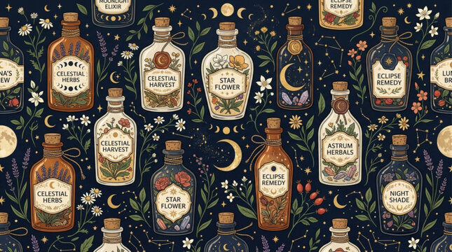 Seamless pattern of mystical apothecary bottles, celestial herbs, and moon phases on dark background. Vintage magical potion jars with botanical labels. AI Generated.
