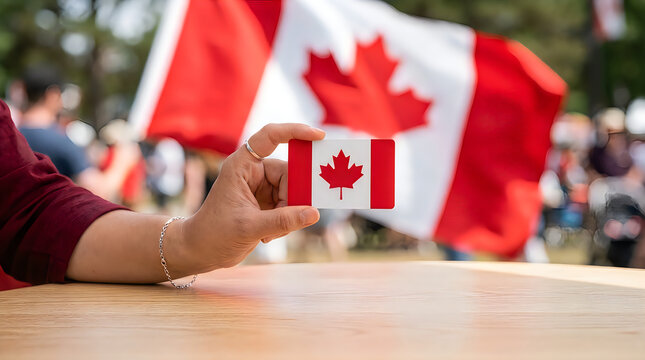 Person holding a small canadian flag in their hand