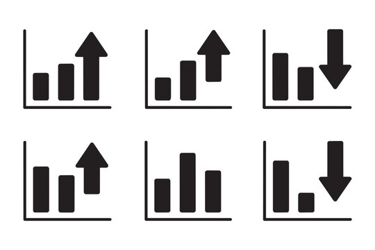 Set of black bar graphs with arrows representing success and failure. Infographic design elements for financial analysis or marketing performance data.