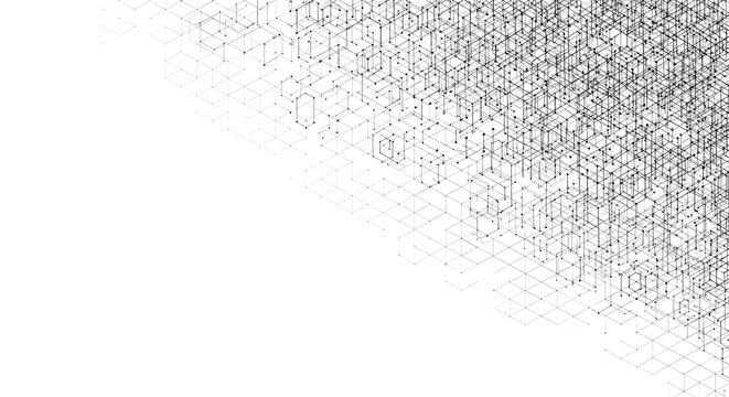 Abstract black and white digital network structure scatter with geometric structure abstract connection minimalist monochrome complexity background wallpaper