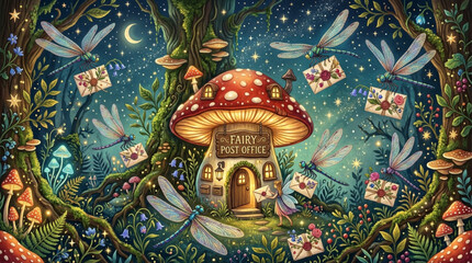 Fototapeta premium Whimsical fairy post office mushroom house in enchanted night forest with dragonflies delivering letters, glowing lights, and crescent moon, fantasy digital art, AI generated.