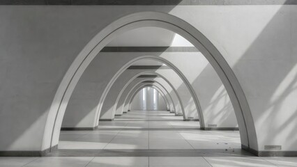 Obraz premium A perspective view of a vaulted corridor with repetitive rhythmic concrete arches and natural sunlight casting dramatic shadows across the tiled floor within a large architectural structure in gr