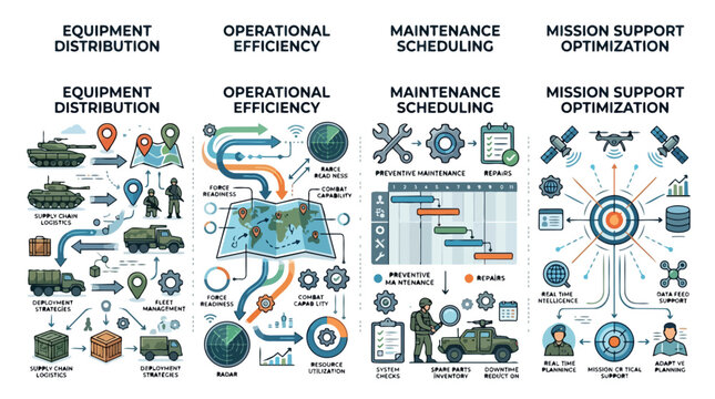 Military logistics and strategic operations management infographic set.