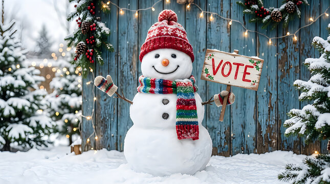 Snowman holding a vote sign in a snowy winter garden