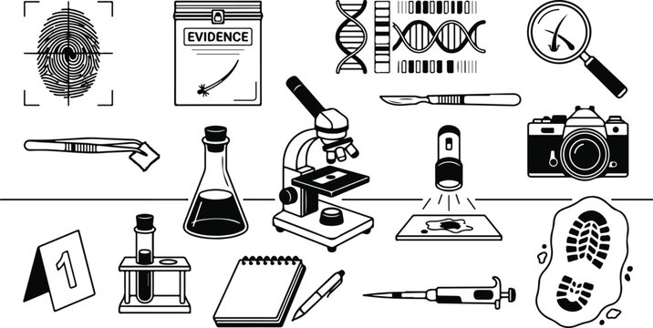 Forensic science investigation tools collection black and white vector illustration