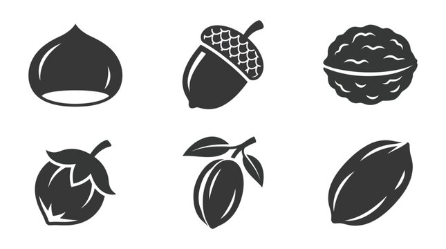 Flat vector icon set featuring six edible nut fruits: Chestnut, Acorn, Walnut, Hazelnut, Almond fruit, Pecan, monochrome solid silhouette