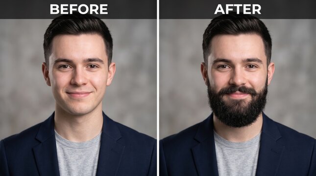Before and after beard transformation comparison showing clean shaven and full beard grooming results