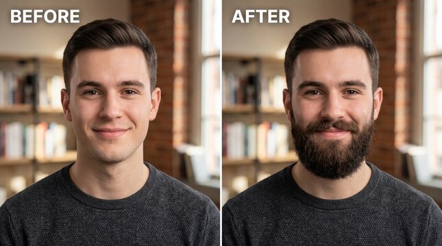 Before and after beard transformation comparison showing clean shaven and full beard grooming results