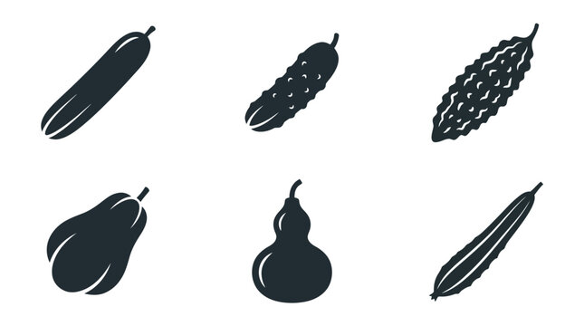 Flat vector icon set featuring six cucurbit vegetables: Cucumber, Pickling cucumber, Bitter melon, Chayote, Bottle gourd, Ridge gourd
