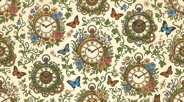 Vintage seamless pattern with antique pocket watches, blooming flowers, and butterflies. Whimsical illustration featuring nostalgic steampunk elements and romantic floral vines on cream background.