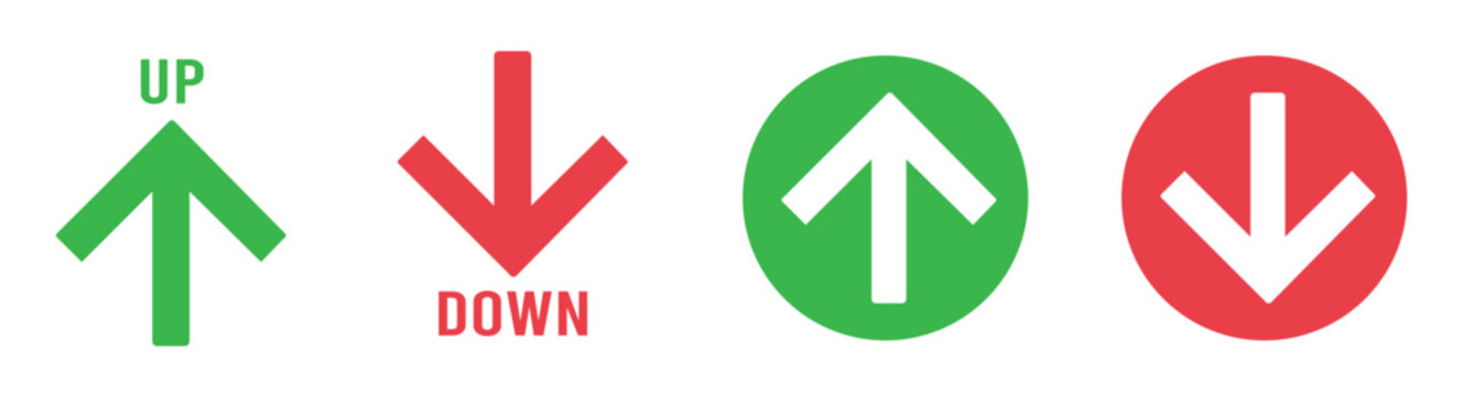 Up and Down Arrow Vector Icon Set in Green and Red Colors, Minimalist Directional Symbols for Web and UI Design