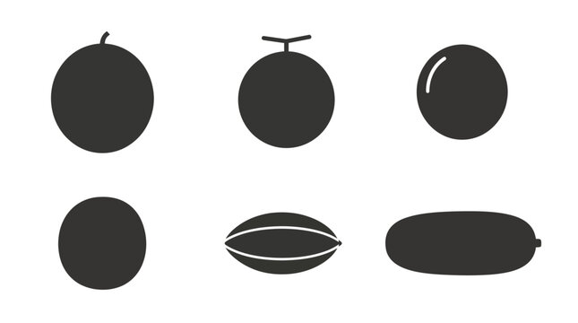 Flat vector icon set featuring six melons: Watermelon, Cantaloupe, Honeydew melon, Galia melon, Canary melon, Winter melon, monochrome solid silhouette