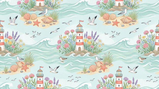 Seamless watercolor pattern of red lighthouses, ocean waves, seagulls, and flowers. Soft pastel coastal theme for wallpaper and fabric. AI Generated.