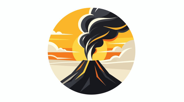 Volcano eruption with smoke and sunset sky.