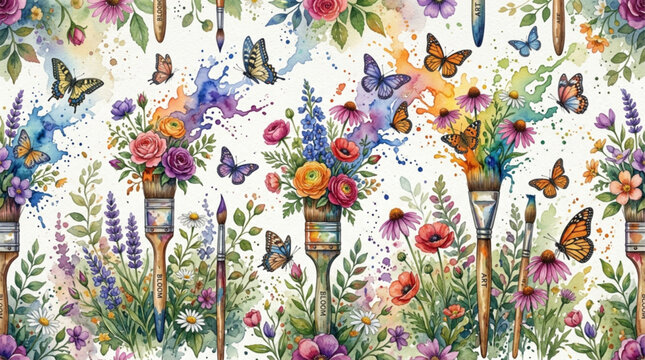 AI generated watercolor seamless pattern of paintbrushes blooming with vibrant flowers, butterflies, and artistic paint splashes on white.