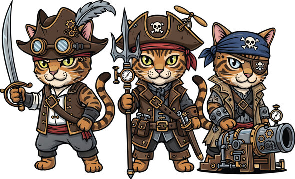 Three cartoon cats dressed as pirates.