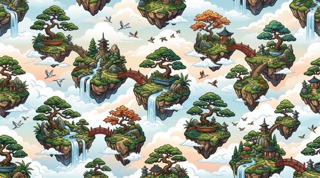 Seamless pattern of floating Japanese islands with bonsai trees, pagodas, red bridges, and waterfalls. AI generated mystical zen landscape in a cloudy sky.