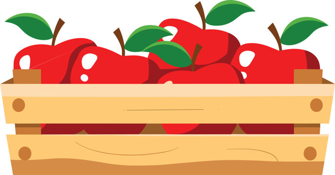 Red ripe apples inside a wooden crate container vector illustration isolated on a white background for agriculture design
