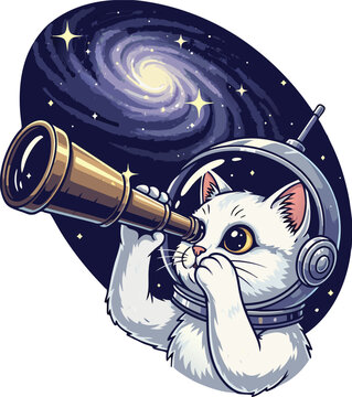 White cat in space suit looking.