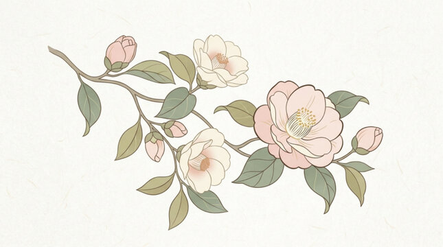 Elegant vintage camellia branch illustration with soft pink and white flowers, muted green leaves, botanical art on textured background, AI generated.