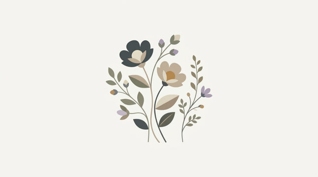 Minimalist floral bouquet illustration with muted earthy tones on a clean background. Elegant wildflower arrangement in flat vector style, AI generated.