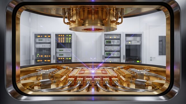 Close up of a superconducting quantum computer processor chip inside a gold plated dilution refrigerator with aligned laser beams in a high tech physics laboratory representing quantum supremacy