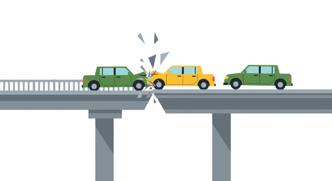 Three cars on a broken bridge collision scene.