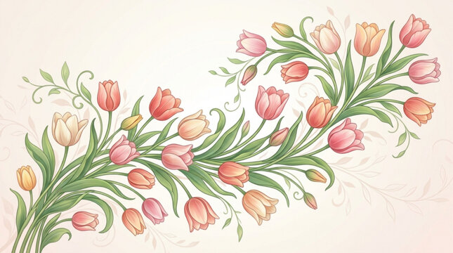 Elegant spring tulip banner with flowing pink and peach flowers, green foliage on cream background, romantic floral illustration, AI generated.