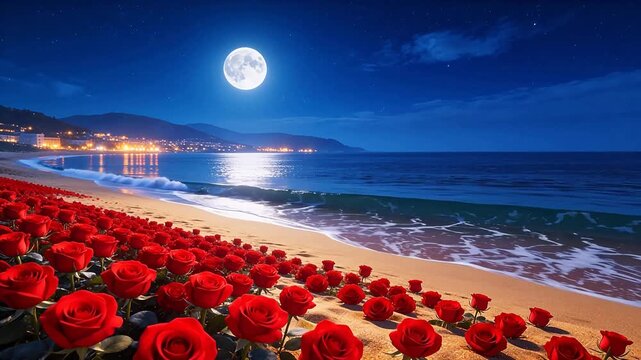 Beach with red roses and full moon