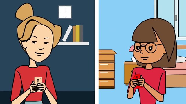 Split Screen View of Two Women Talking on Smartphones from Their Respective Rooms, Remote Friendship Long Distance Communication, 2D Animation