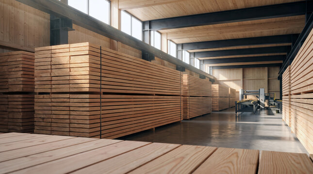 Large warehouse facility with stacks of finished wood planks