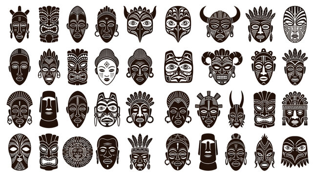Large collection of black and white tribal masks
