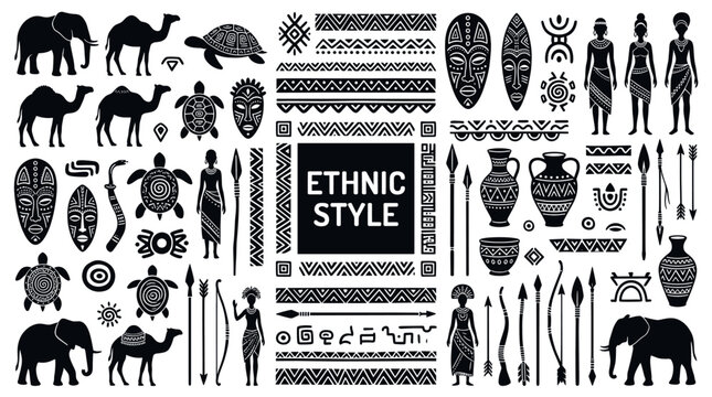 African ethnic style icons with animals and tribal patterns.
