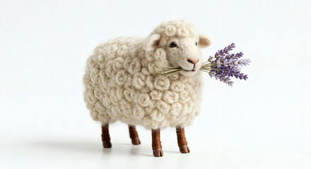 Naklejka premium Cute Needle Felted Wool Sheep Holding Lavender Bouquet Isolated on White