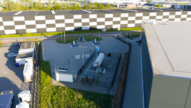 Roosendaal, Noord-Brabant, Netherlands - 25 April 2026: Aerial view of Hydrogen Refueling Station with Tube Trailer Supply