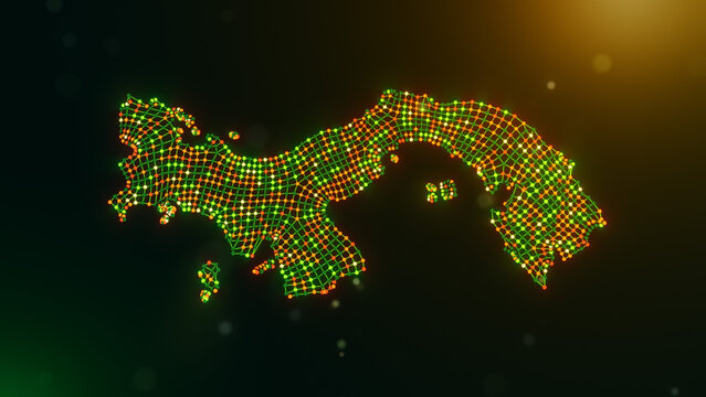 Abstract Panama map formed by wavy interconnected nodes and lines over a glowing green yellow orange bokeh background, symbolizing digital infrastructure and intelligent connectivity.