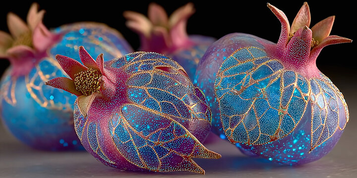 Close up of glowing pomegranate seeds with vibrant UV light reflections in dark setting