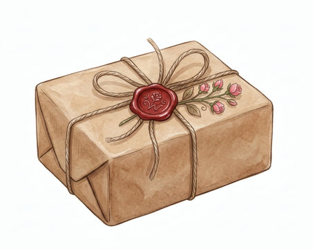 Vintage brown kraft paper gift box wrapped with twine and red wax seal, cute romantic parcel with pink flower sprig clipart isolated on white background