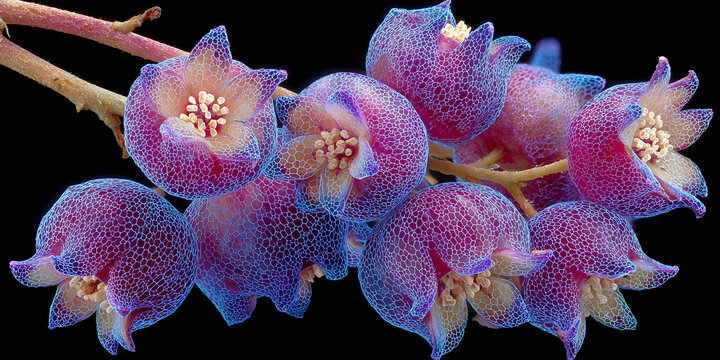 Close up of glowing pomegranate seeds with water droplets under UV light in dark setting