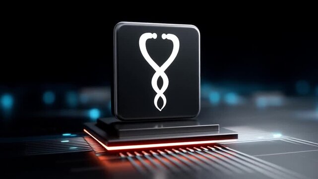 AI chip data protection healthcare concept glowing medical symbol on microchip platform microprocessor dark background