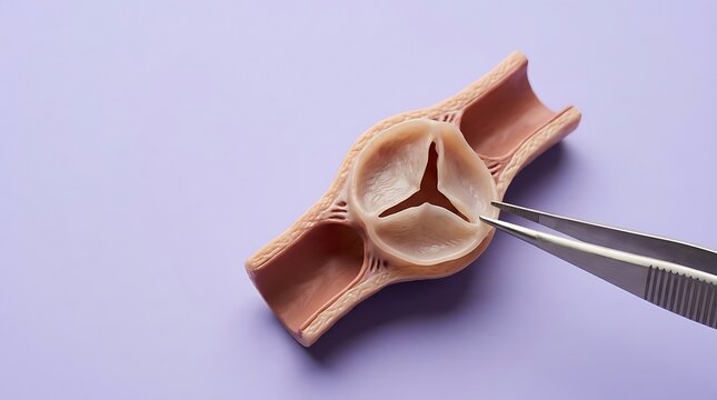 Medical Heart Valve Model with Surgical Tweezers on Purple Background