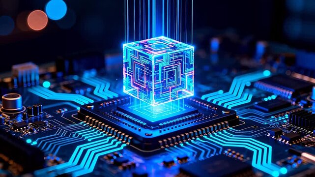 Circuit board with glowing cube