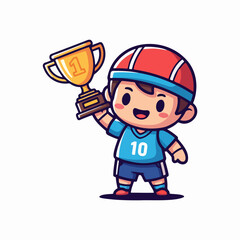 Fototapeta premium Cute boy soccer player holding trophy, full body view, celebrating sports victory, kawaii vector illustration sticker, bright flat lighting, on clean white background.