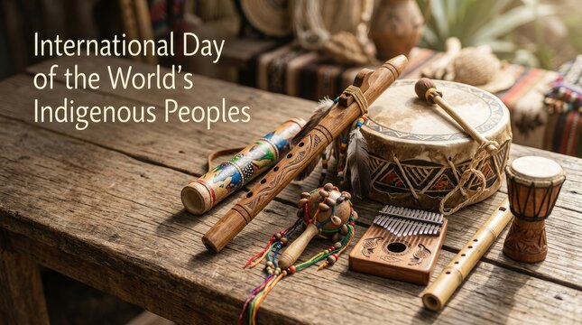 Indigenous handcrafts and folk musical instruments on wooden table for International Day of the World's Indigenous Peoples