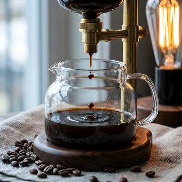 Professional pour-over coffee brewing with Hario V60 dripper on wooden table showcasing specialty coffee art
